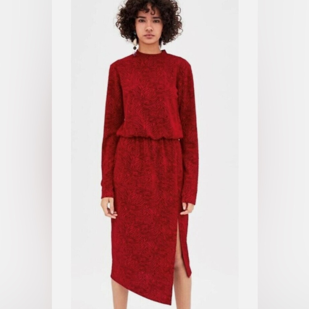 Zara Red Jacquard Split Leg Midi Long Sleeve Dress Women’s Size L